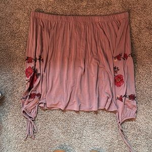 American eagle purple off the shoulder top embroidered sleeve